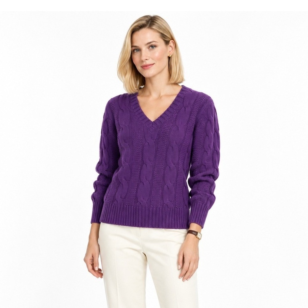 Johnstons of Elgin 100% Cashmere Cable Knit Sweater 38 L Purple Scotland Luxury